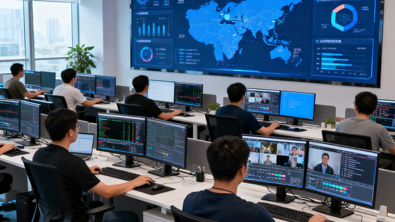 EVO视讯集团深圳总部开放式办公区，数十位研发工程师在双屏工作站前进行视频编解码算法调试，墙上大屏实时显示全球节点网络状态监控数据
