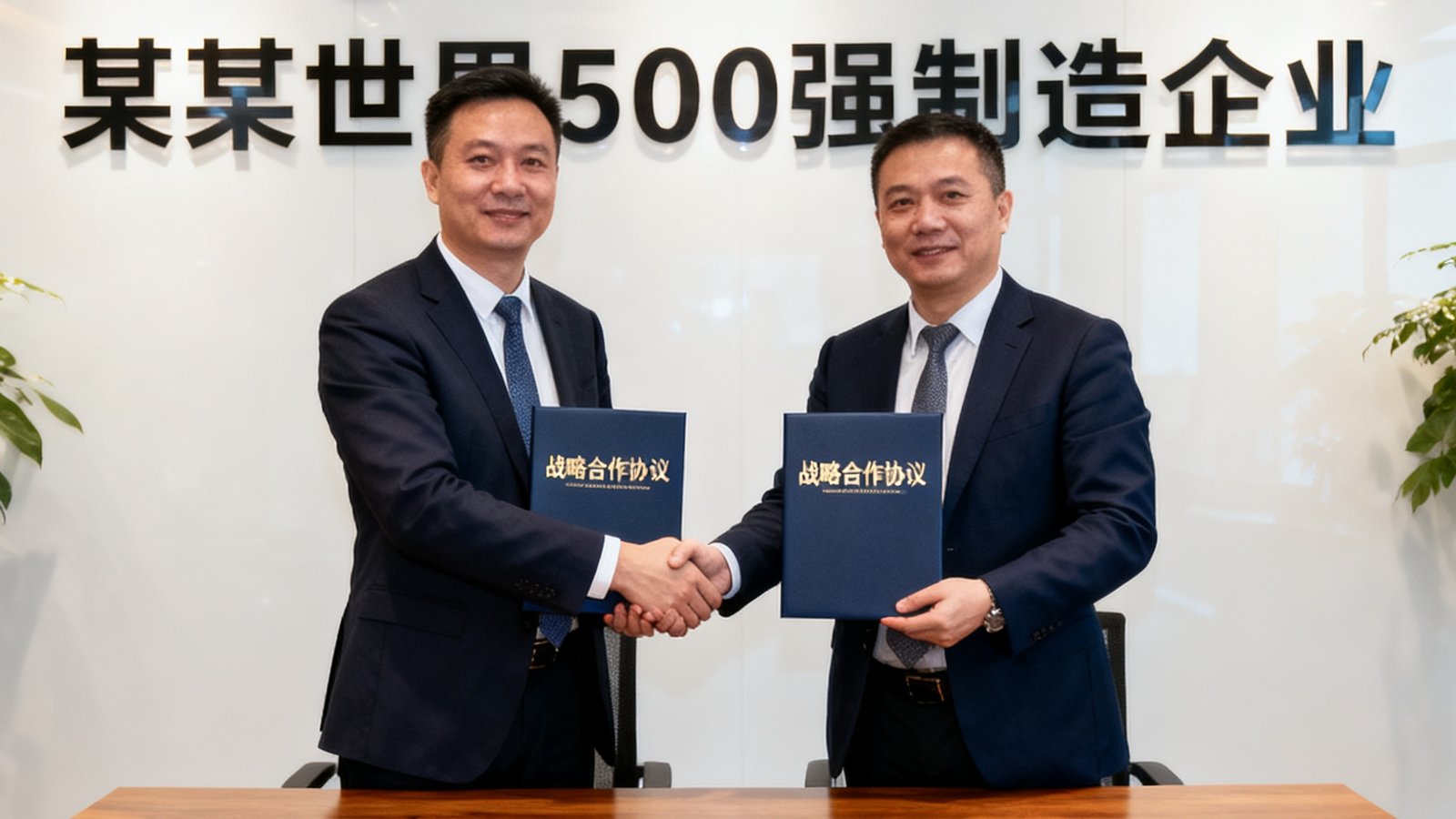 EVO视讯集团与某世界500强制造企业签署战略合作协议的签约仪式现场，双方代表握手并展示合作文件
